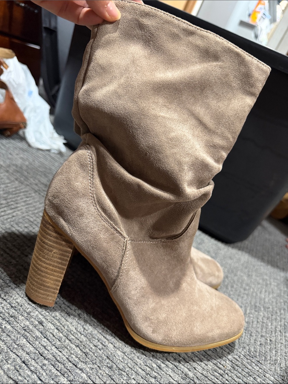 Women's Taupe Suede Slouch Block Heel Ankle Boots